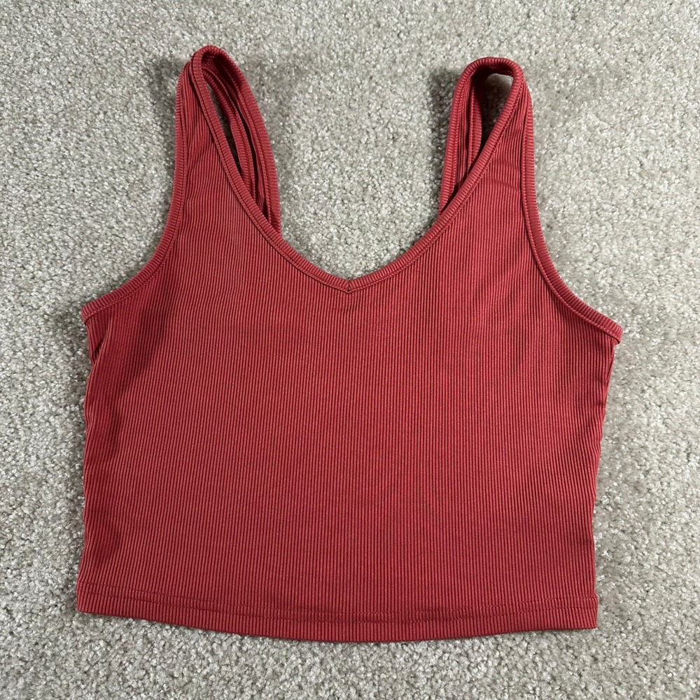 Ribbed Knit V-Neck Crop Tank Top Rust Orange Triple Strap Size Medium